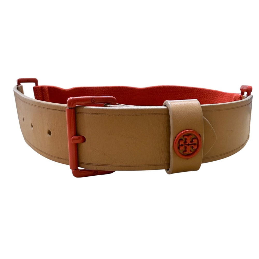 Tory Burch Women's Kiley Stretch Belt XXS Tan Orange Leather Fabric Stretch - Picture 2 of 9